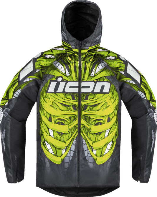 Green ICON Airform Manik'r™ jacket by Bill's Exhausts, small size, showing front view with detailed design and logo.