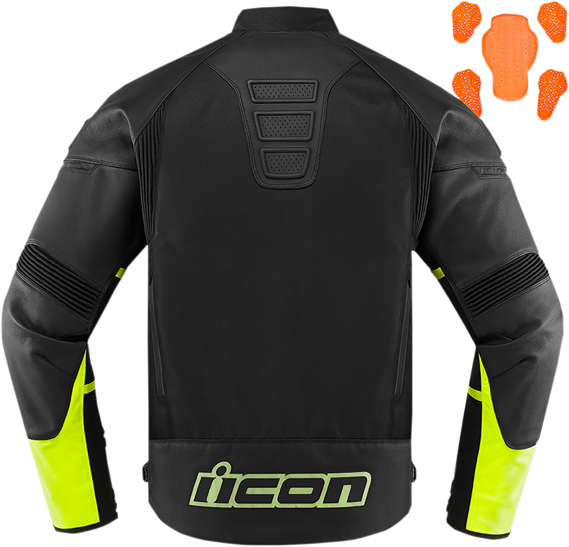 ICON Contra2™ CE Black and Hi-Viz jacket by Bill's Exhausts, shown in small size with reflective detailing and protective features.