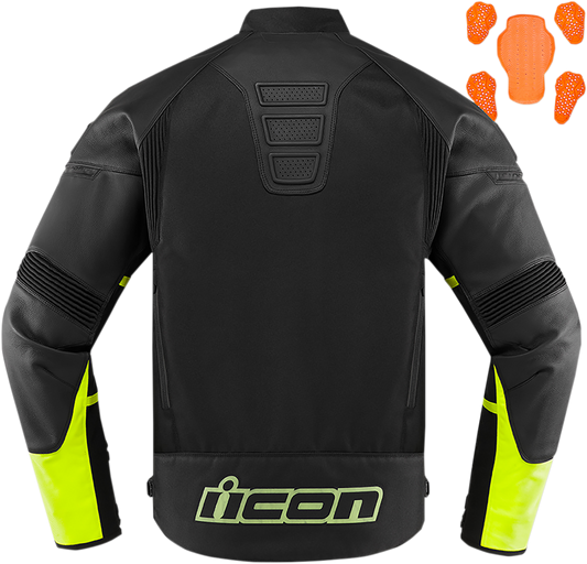 ICON Contra2™ CE Black and Hi-Viz jacket by Bill's Exhausts, shown in small size with reflective detailing and protective features.