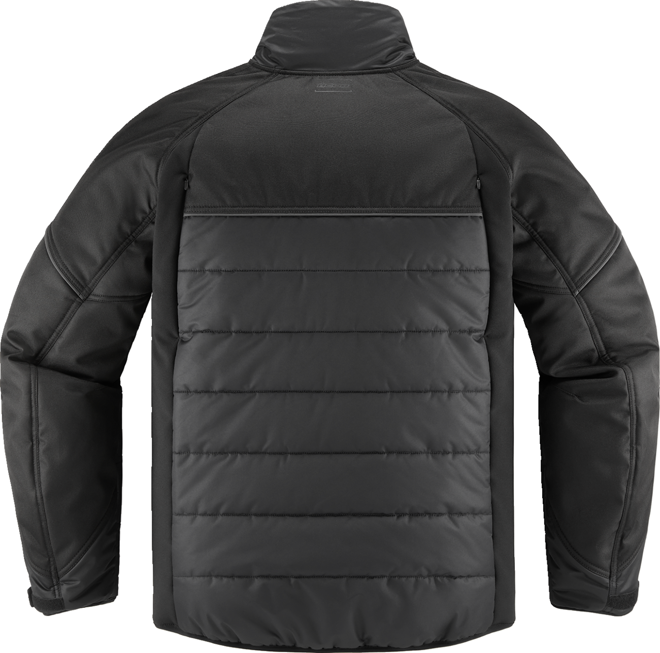 Black and charcoal ICON Ghost Puffer Jacket by Bill's Exhausts, small size, padded winter jacket with hood and zipper closure.