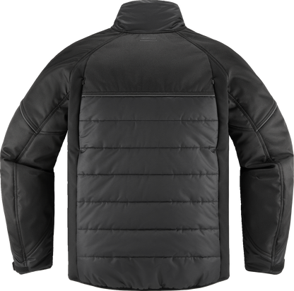 Black and charcoal ICON Ghost Puffer Jacket by Bill's Exhausts, small size, padded winter jacket with hood and zipper closure.