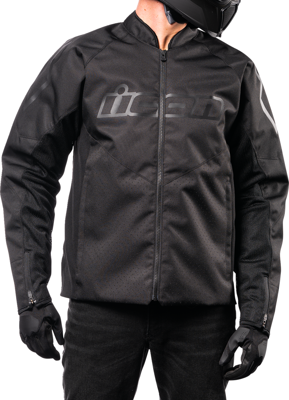 Black ICON Hooligan™ CE jacket by Bill's Exhausts, small size, shown with front view and detailed fabric texture.