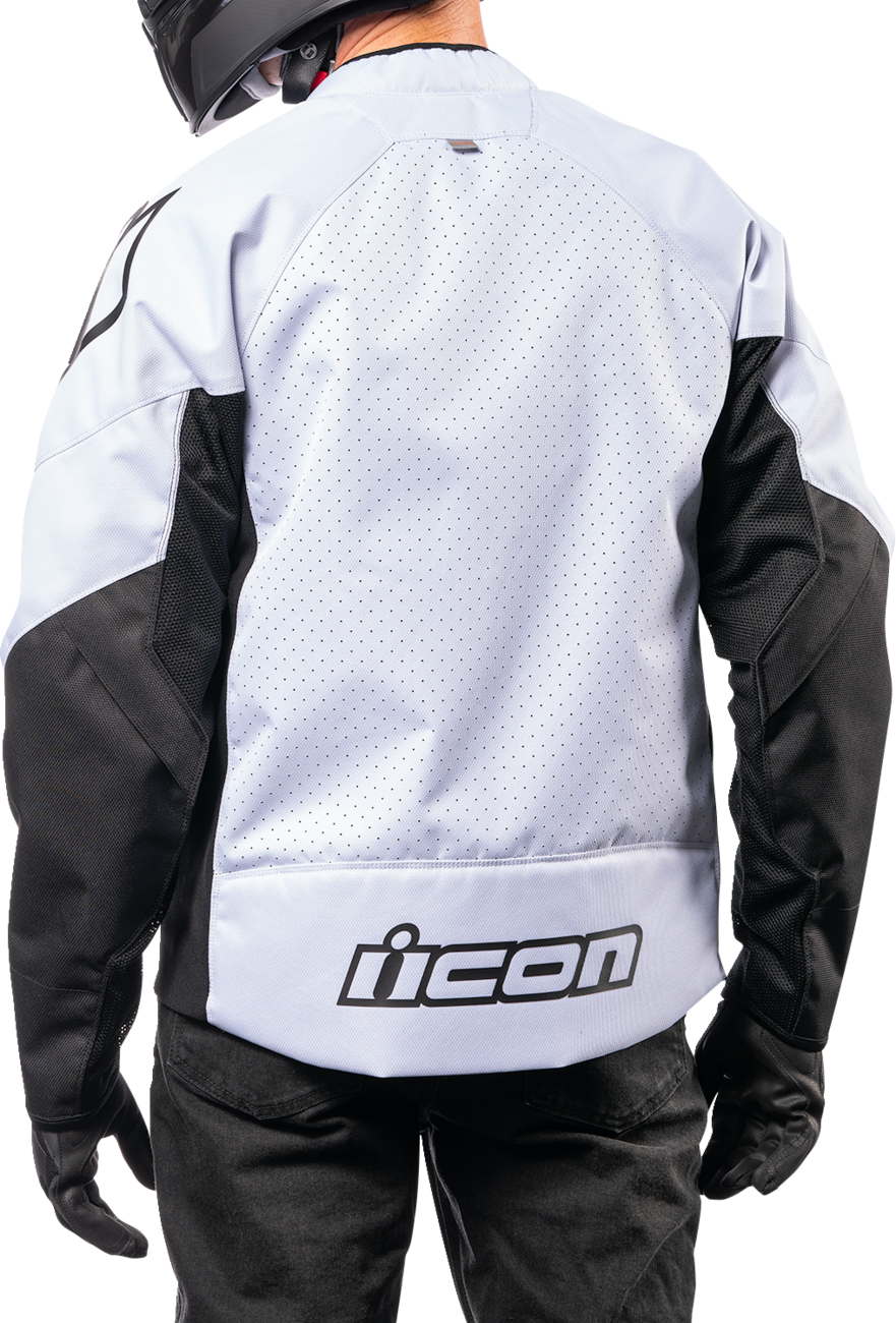 White ICON Hooligan™ CE Jacket in 2XL by Bill's Exhausts, featuring durable design and protective gear for motorcycle riding.