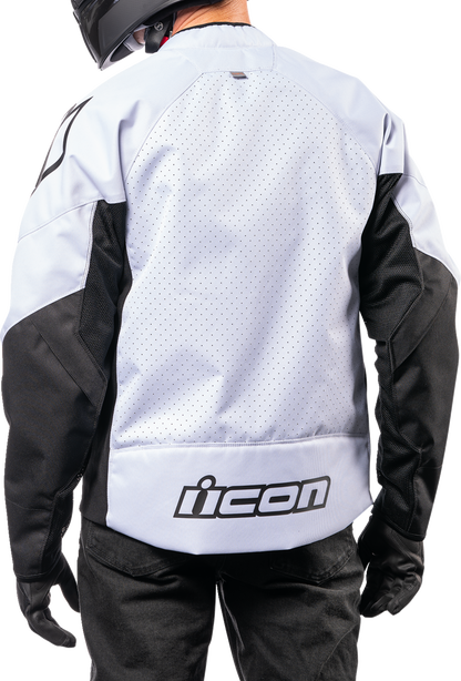 White ICON Hooligan™ CE Jacket in 2XL by Bill's Exhausts, featuring durable design and protective gear for motorcycle riding.