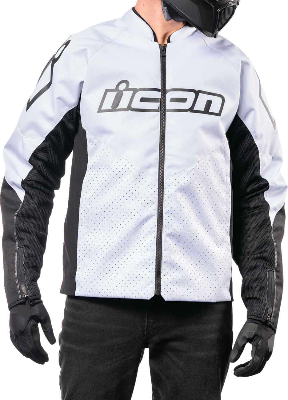 White ICON Hooligan™ CE jacket in 2XL by Bill's Exhausts, featuring a durable design and protective features for motorcycle riding.