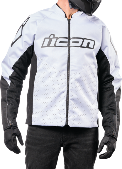 White ICON Hooligan™ CE jacket in 2XL by Bill's Exhausts, featuring a durable design and protective features for motorcycle riding.