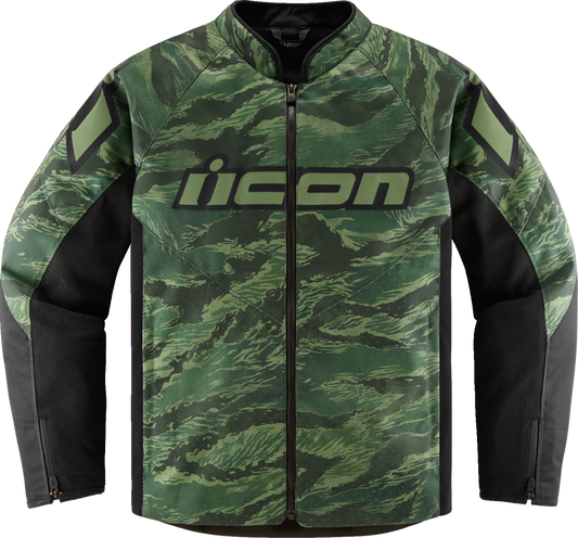 Green ICON Hooligan CE Tiger's Blood jacket in 2XL, featuring durable construction and bold design, by Bill's Exhausts.
