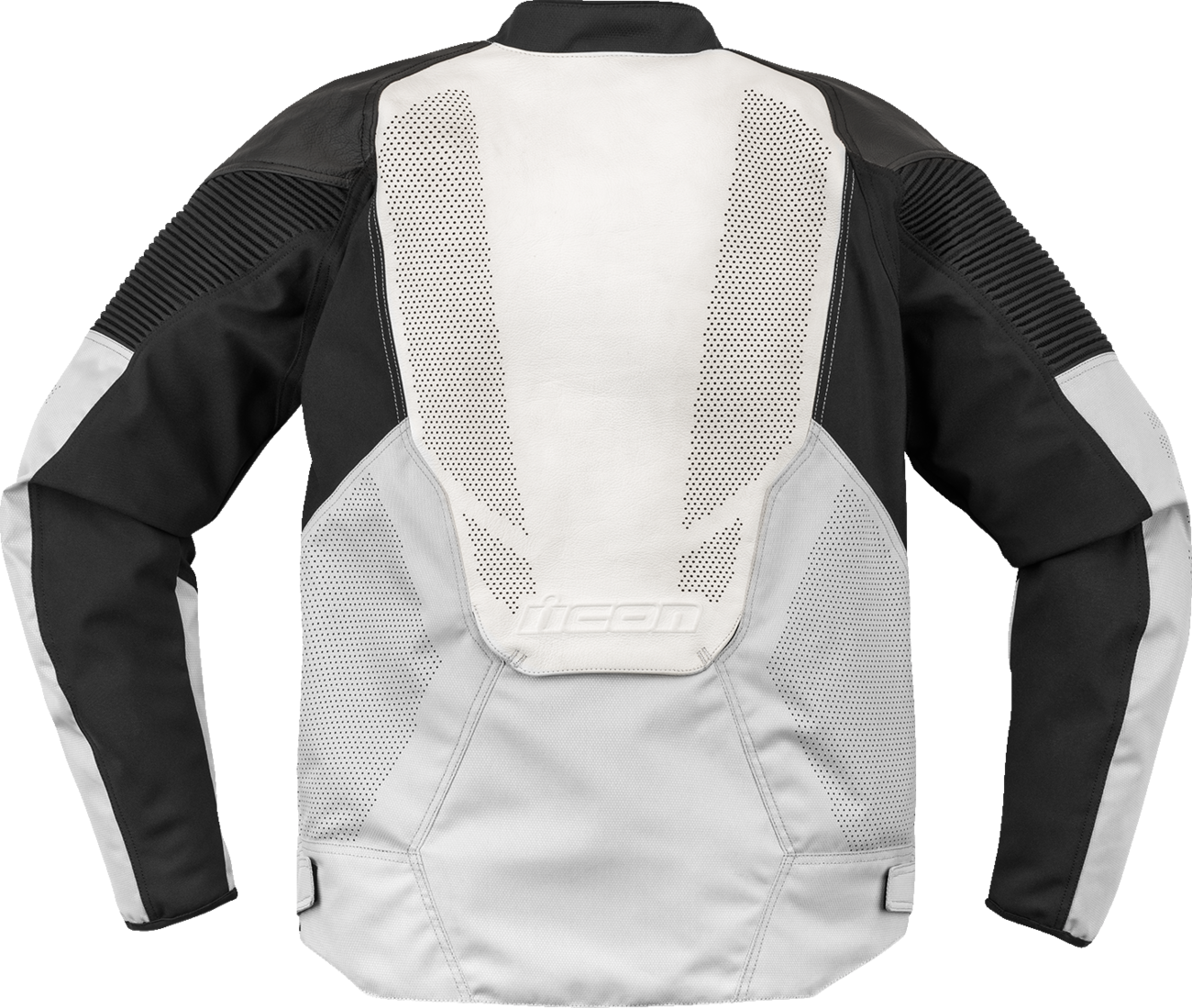 White ICON Overlord3™ leather jacket by Bill's Exhausts, small size, featuring sleek design and premium leather details.