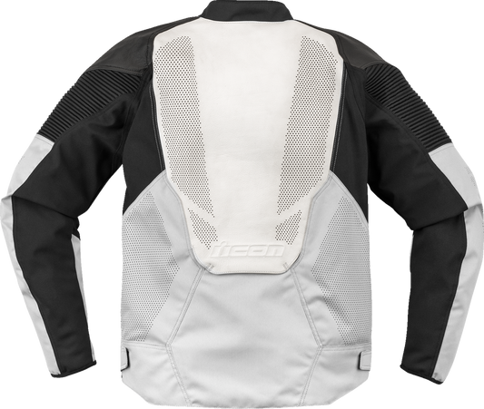 White ICON Overlord3™ leather jacket by Bill's Exhausts, small size, featuring sleek design and premium leather details.