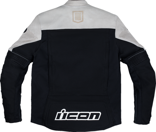 Black ICON Slabtown Intercept 93 jacket by Bill's Exhausts, small size, shown from the front with detailed fabric texture.