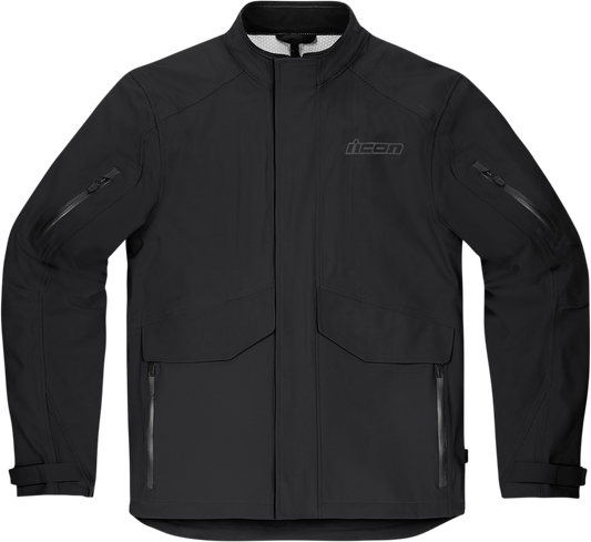 Black ICON Stormhawk Jacket CE by Bill's Exhausts, small size, with protective armor and durable fabric.