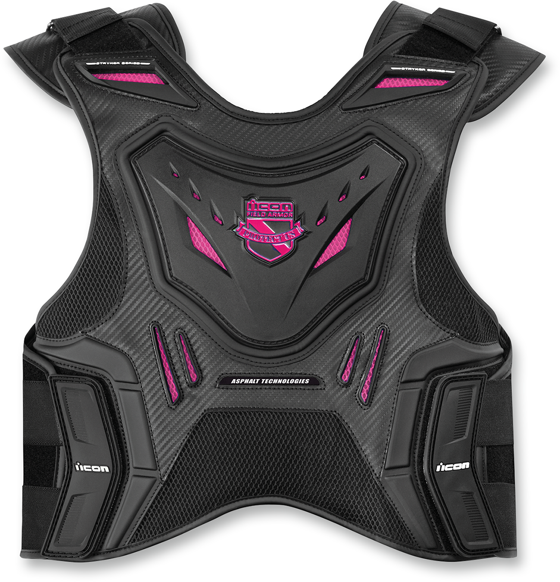 ICON Women's Field Armor Stryker vest in black and pink, size L/XL, with protective design and adjustable straps.