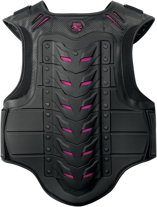 ICON Women's Field Armor Stryker vest in black and pink, size L/XL, designed for motorcycle riding protection.