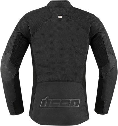 ICON Women's Hooligan Perf Jacket in stealth color, large size, displayed with front view showing jacket details and design.