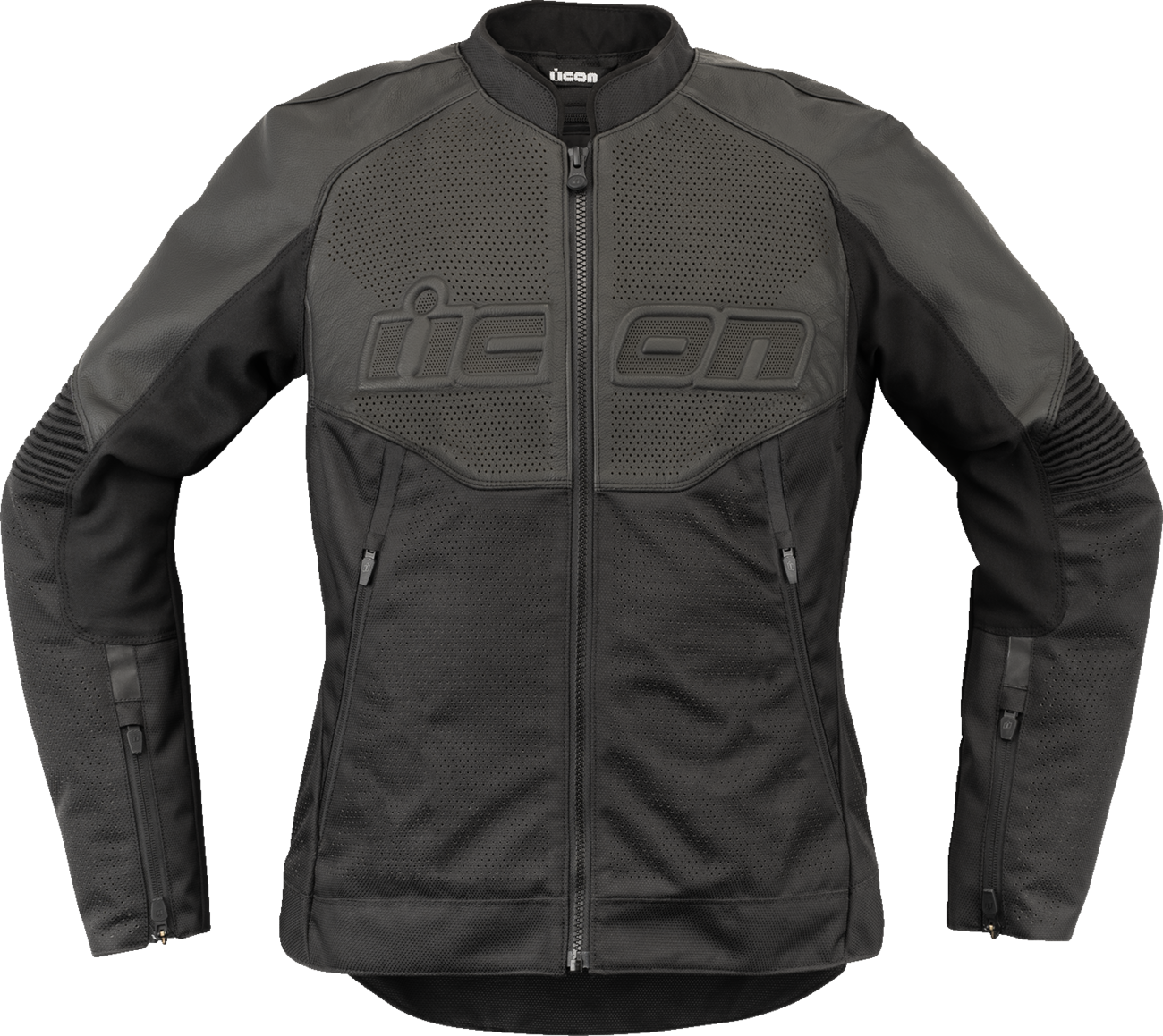 Black ICON Women's Overlord3™ Leather Jacket in 2XL, featuring sleek design and durable leather, ideal for stylish women.