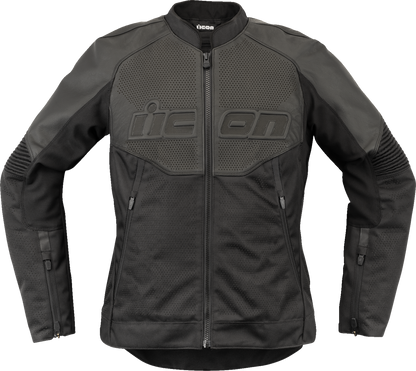 Black ICON Women's Overlord3™ leather jacket with XS size, featuring stylish design and premium leather from Bill's Exhausts.