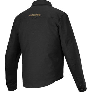 Black Alpinestars overshirt jacket in size M with visible zipper and collar, designed for casual or motorcycle wear.