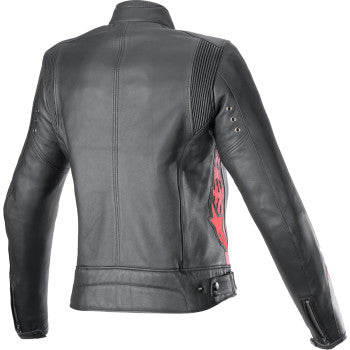Alpinestars Stella Dyno leather jacket in black and haute red, size L, featuring sleek design and premium leather for motorcycle riding.