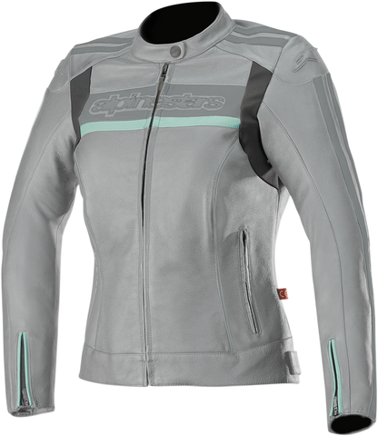 Alpinestars Stella Dyno V2 jacket in gray and aqua, in stock, shown on a hanger with detailed fabric and design features.