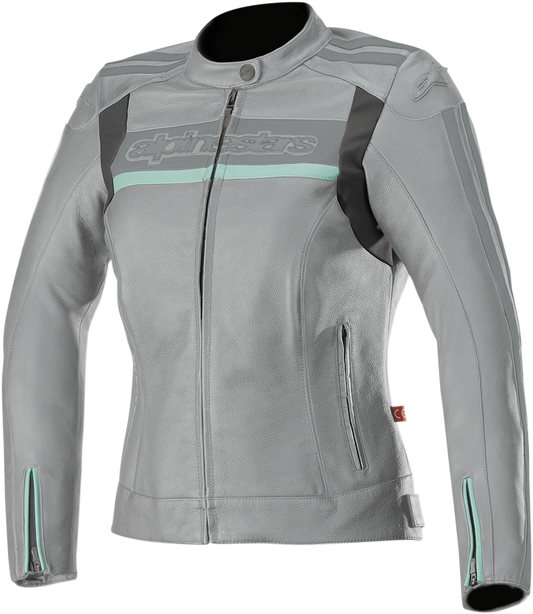 Alpinestars Stella Dyno V2 jacket in gray and aqua, in stock, shown on a hanger with detailed fabric and design features.