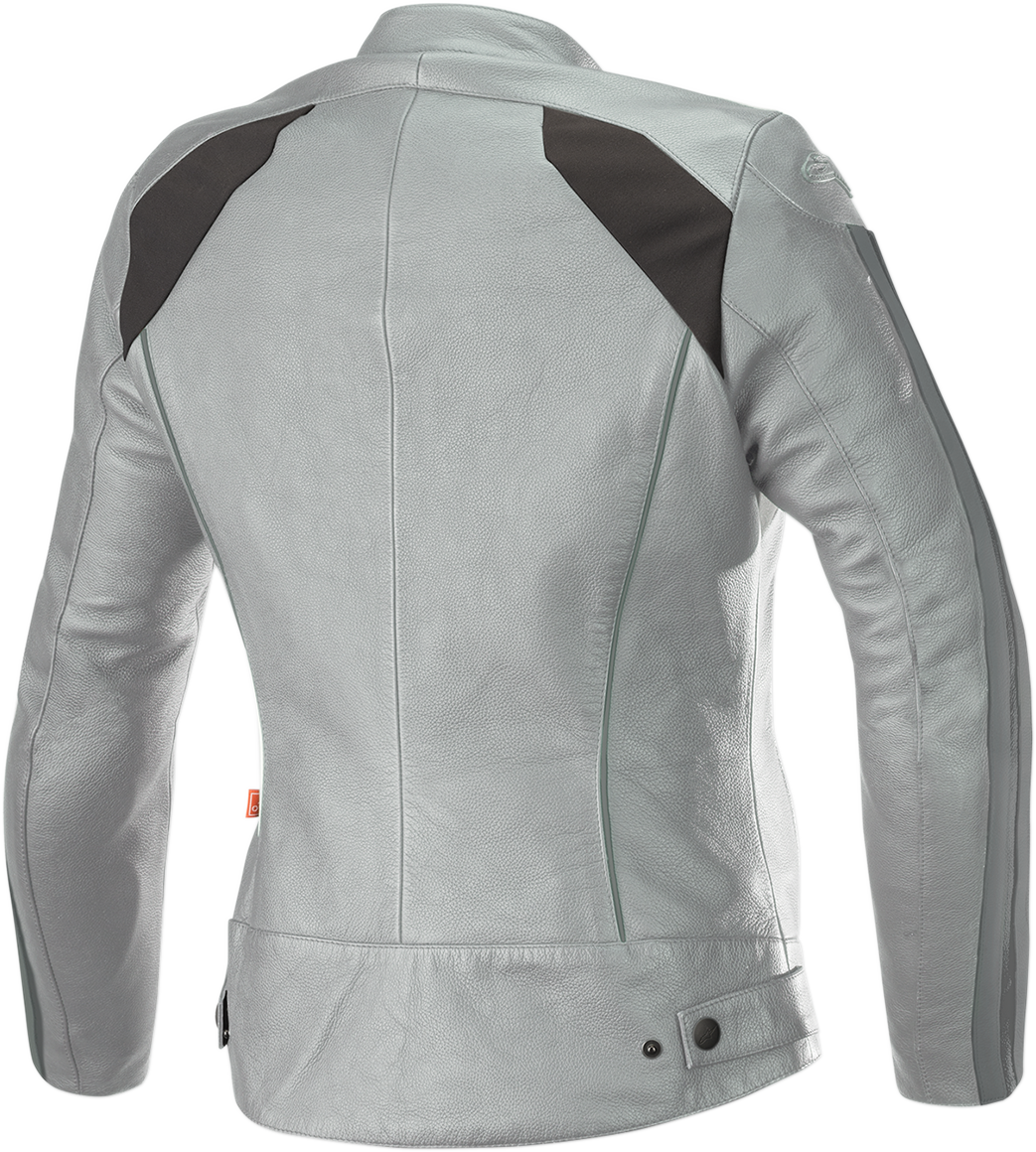 Alpinestars Stella Dyno v2 motorcycle jacket in gray and aqua, US size 2, displayed on a hanger.