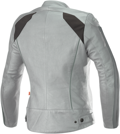 Alpinestars Stella Dyno v2 motorcycle jacket in gray and aqua, US size 2, displayed on a hanger.