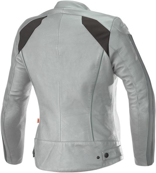 Alpinestars Stella Dyno v2 motorcycle jacket in gray and aqua, US size 2, displayed on a hanger.