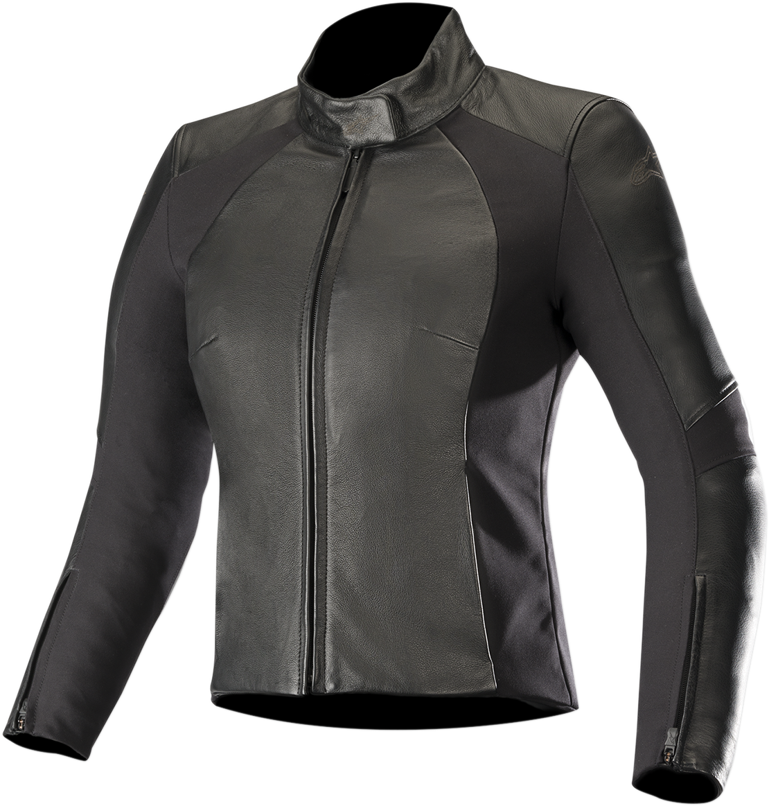 Alpinestars Stella Women's Vika v2 Black jacket on a hanger, front view, US size 4, EU 40, outdoor setting.