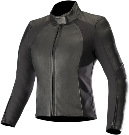 Alpinestars Stella Women's Vika v2 Black jacket on a hanger, front view, US size 4, EU 40, outdoor setting.