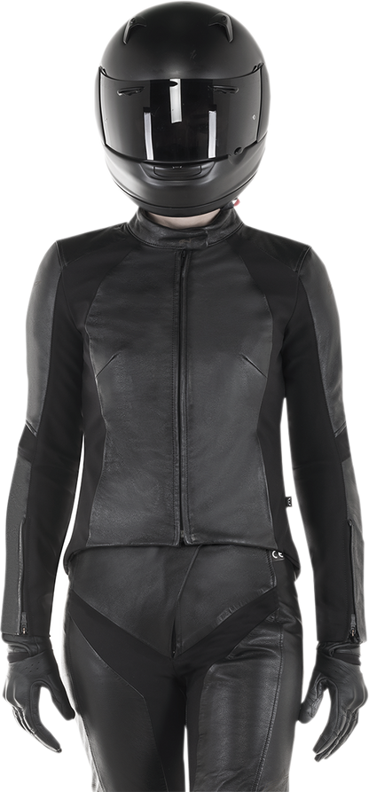 Alpinestars Stella Vika v2 women's black motorcycle jacket displayed on a hanger, US size 4, EU size 40, in stock.