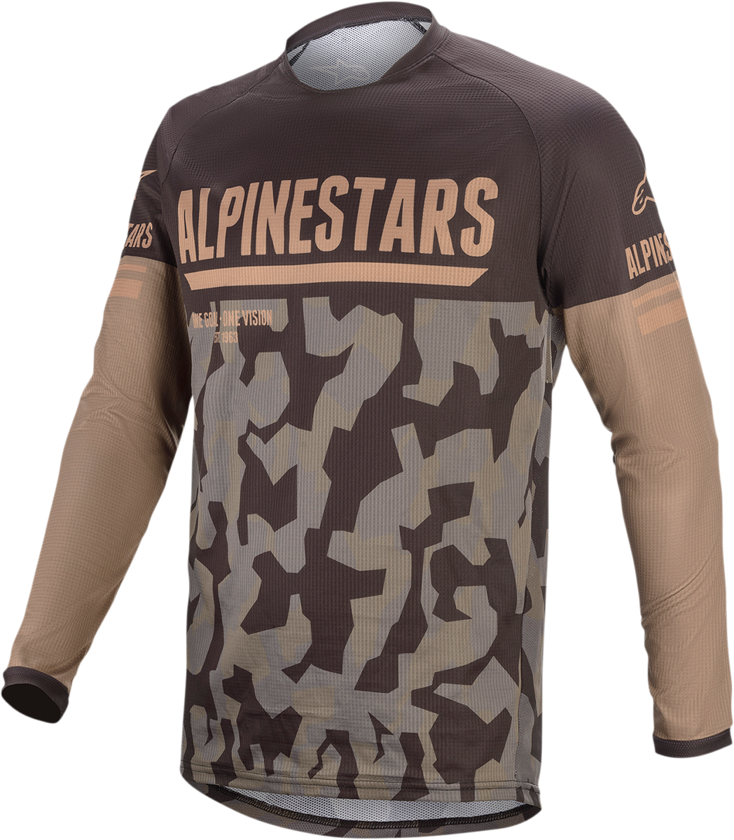 Alpinestars Venture-R Jersey in Camo and Sand, Medium size, featuring a lightweight, breathable motorcycle jersey with logo details.
