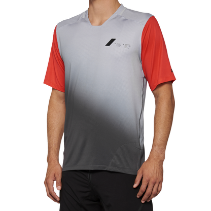 Gray and racer red short-sleeve Celium Jersey by Bill's Exhausts featuring breathable fabric and stylish design, size XL.