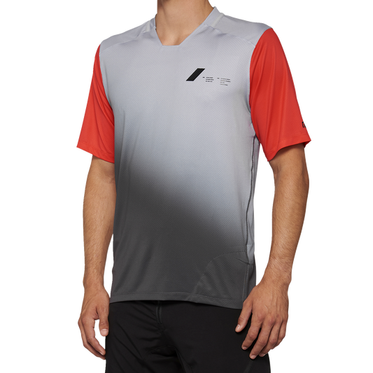 Gray and racer red short-sleeve Celium Jersey by Bill's Exhausts featuring breathable fabric and stylish design, size XL.