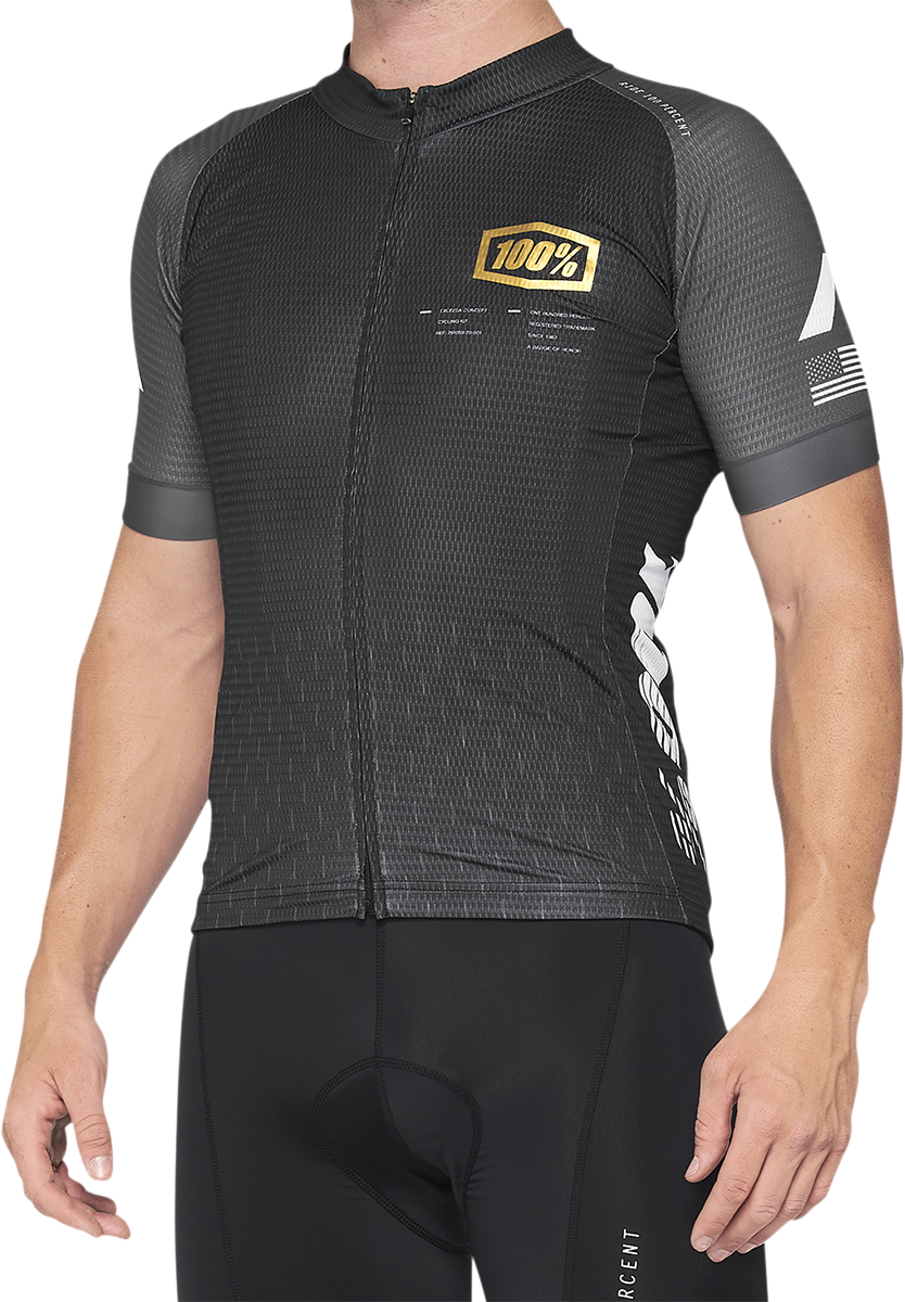 Bill's Exhausts 100% Exceeda Jersey in black and charcoal, short-sleeve, size medium, featuring lightweight jersey fabric.