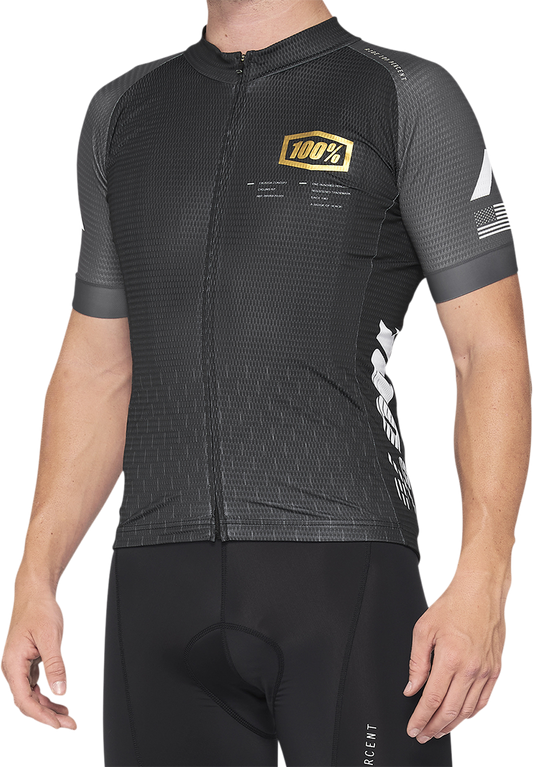 Bill's Exhausts 100% Exceeda Jersey in black and charcoal, short-sleeve, size medium, featuring lightweight jersey fabric.