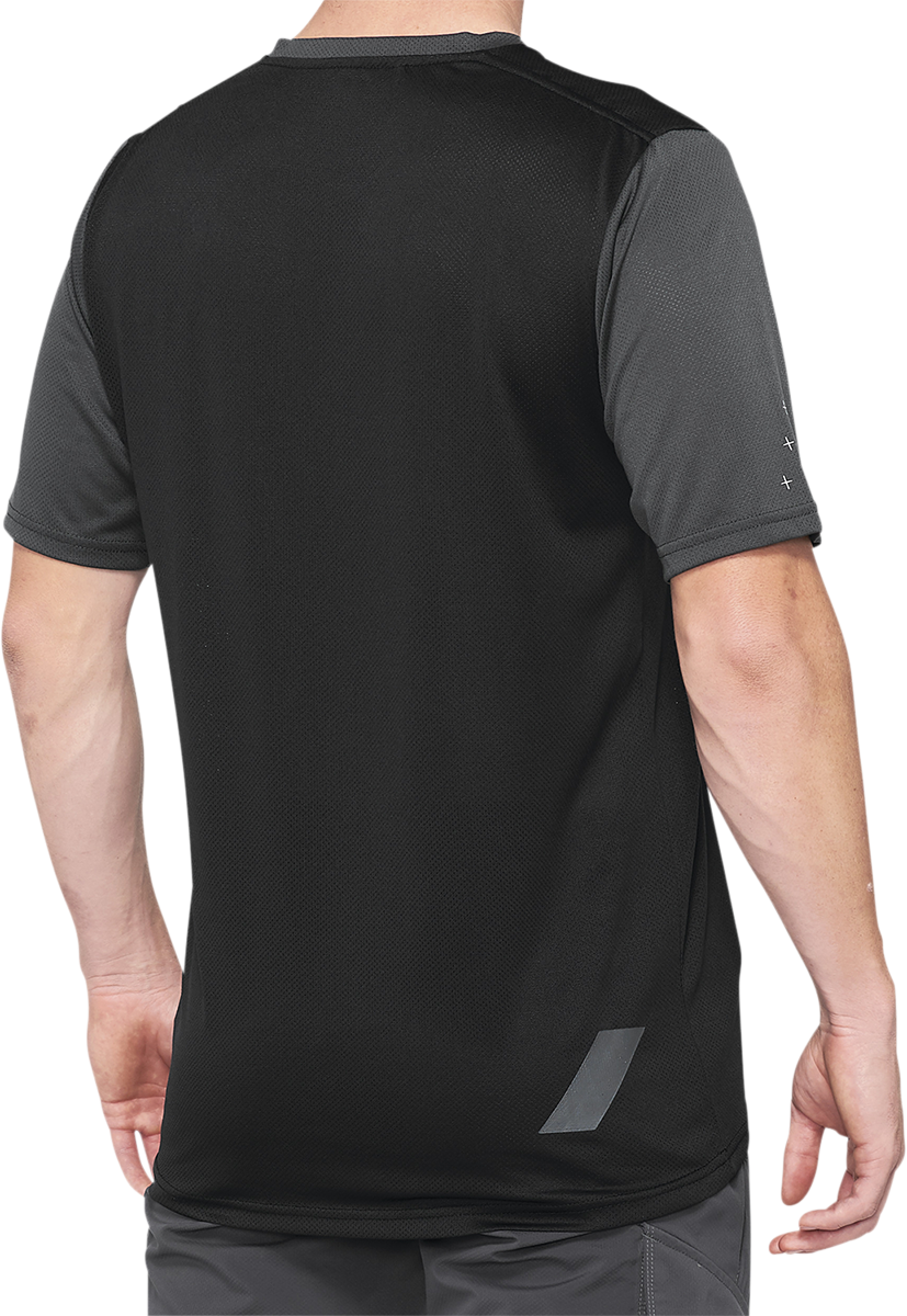 Bill's Exhausts 100% Ridecamp Jersey in charcoal and black, small size, featuring breathable fabric and sporty design.