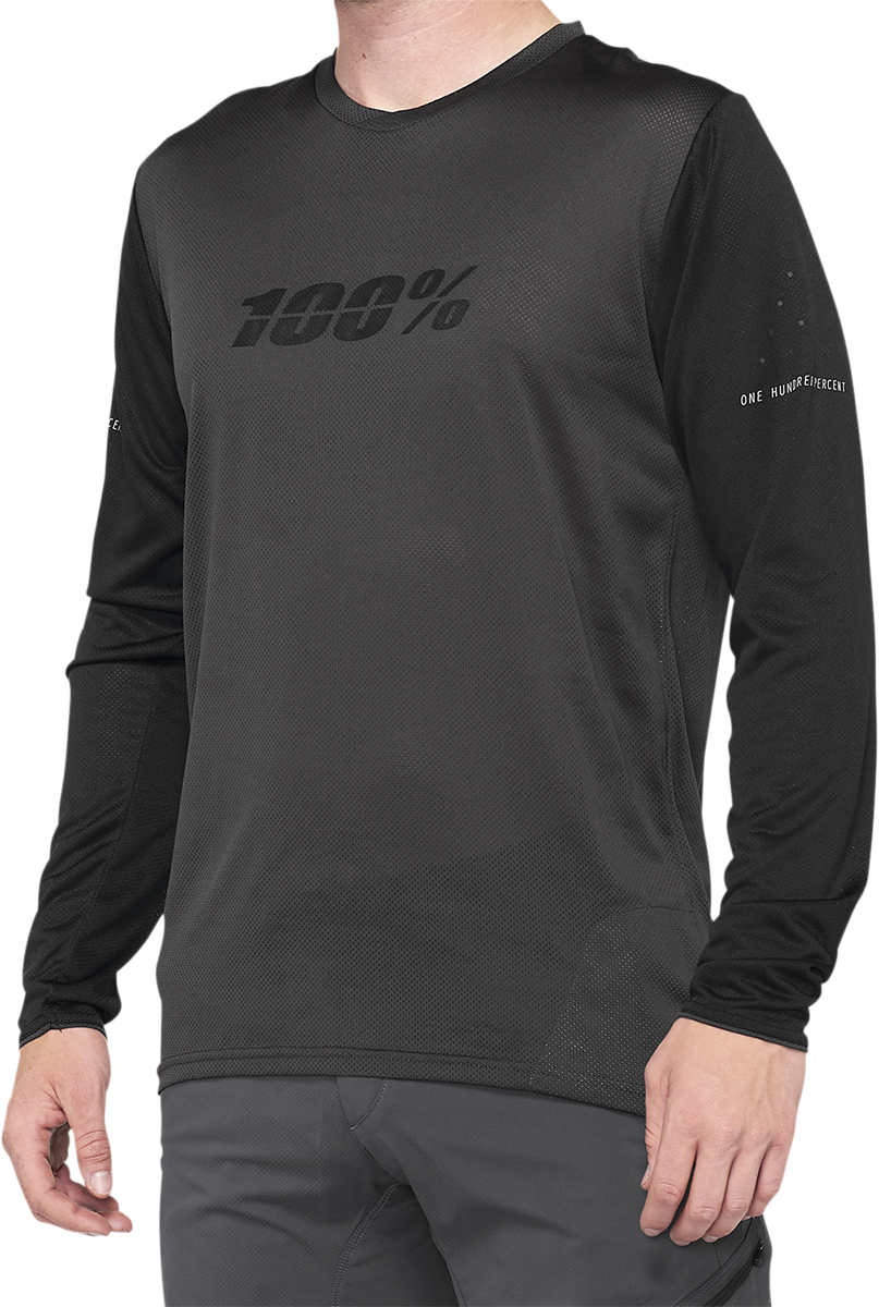 Black and charcoal long-sleeve Ridecamp jersey by Bill's Exhausts, size small, shown flat with breathable fabric details.