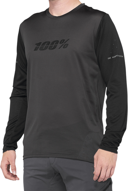 Black and charcoal long-sleeve Ridecamp jersey by Bill's Exhausts, size small, shown flat with breathable fabric details.