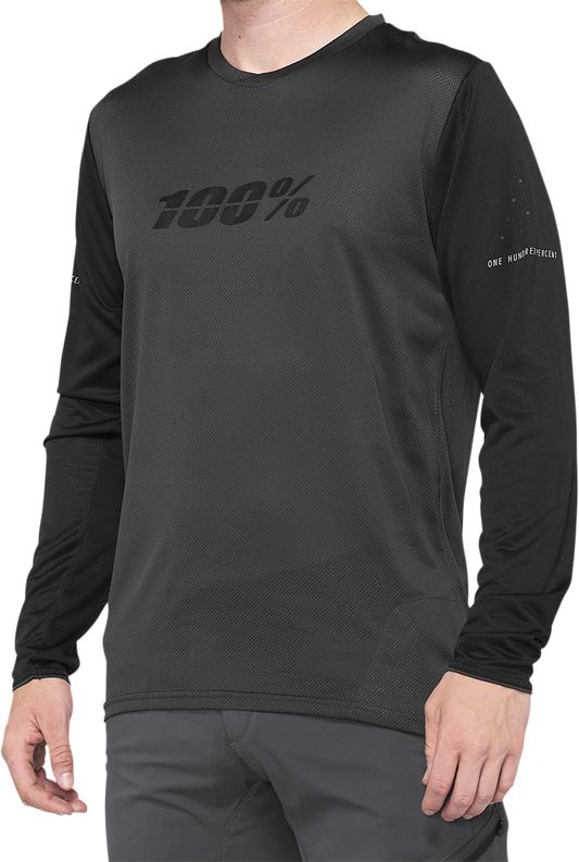 Black and charcoal long-sleeve Ridecamp jersey by Bill's Exhausts, size small, shown flat with breathable fabric details.