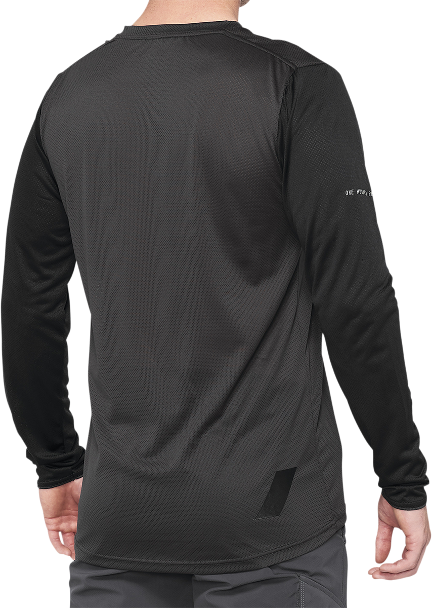 Bill's Exhausts 100% Ridecamp long-sleeve jersey in black and charcoal, small size, shown with front view.