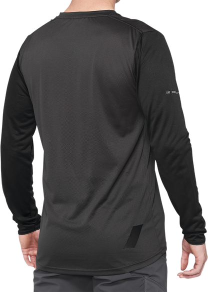 Bill's Exhausts 100% Ridecamp long-sleeve jersey in black and charcoal, small size, shown with front view.