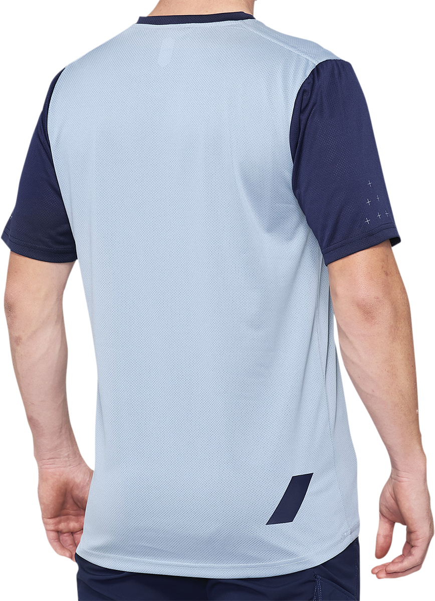 Blue and navy Bill's Exhausts Ridecamp short-sleeve cycling jersey in medium size, with breathable fabric and logo details.