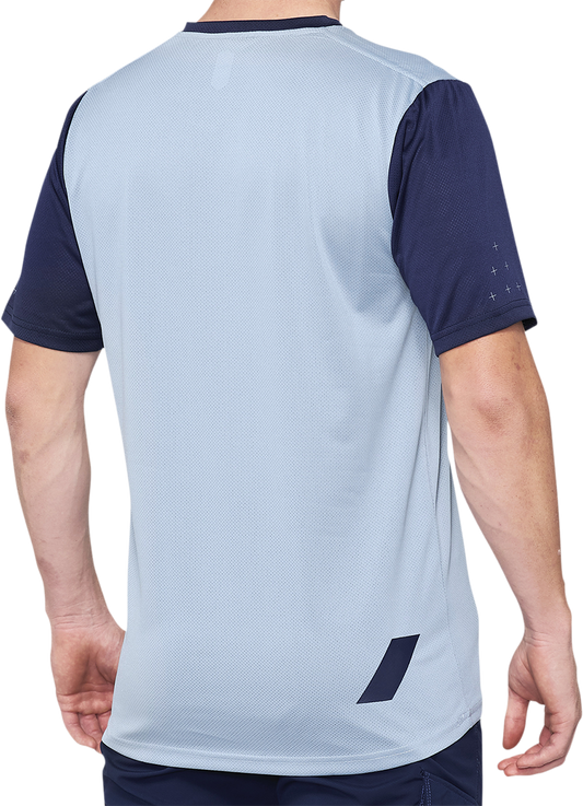 Blue and navy Bill's Exhausts Ridecamp short-sleeve cycling jersey in medium size, with breathable fabric and logo details.