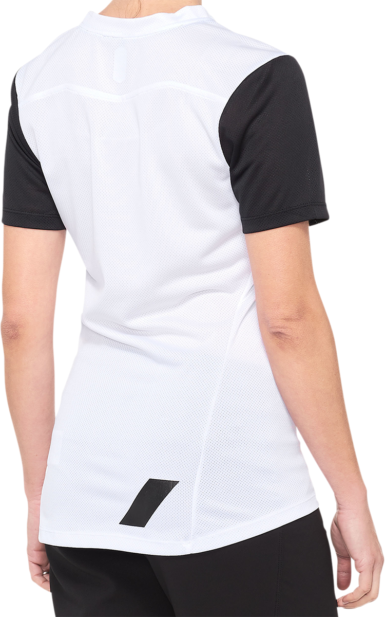 Women's Ridecamp Jersey by Bill's Exhausts, short-sleeve white and black cycling jersey, size large.