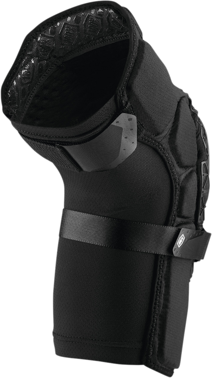 Bill's Exhausts 100% Surpass Knee Guards in black, large size, with protective padding, designed for motorcycle or sports use.