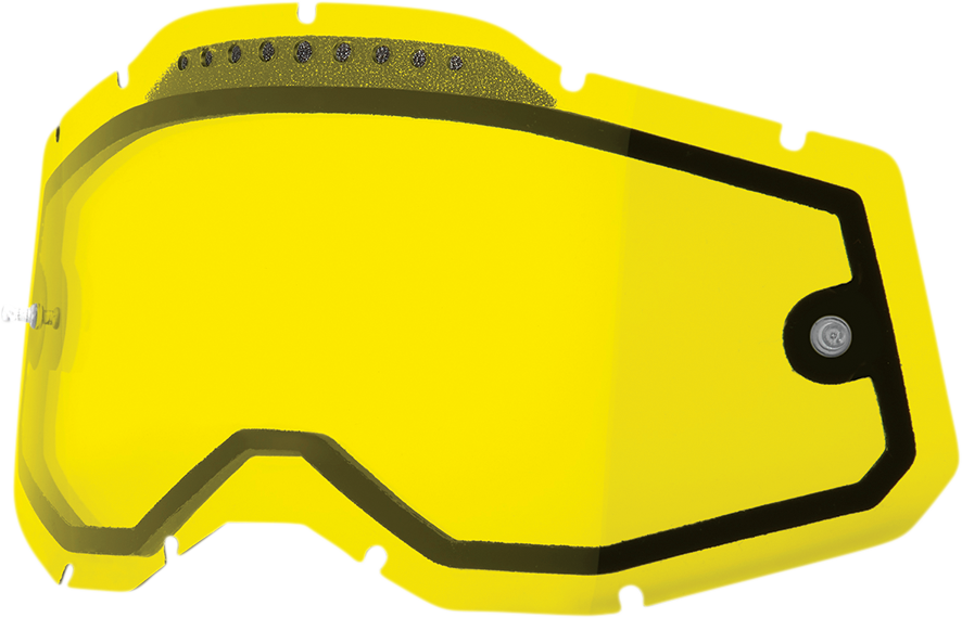 Yellow vented dual lens for Accuri 2, Racecraft 2, and Strata 2 helmets by Bill's Exhausts, shown in a close-up view.