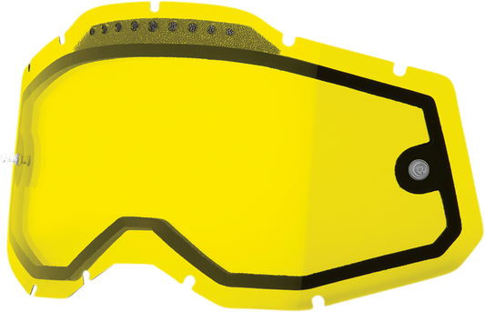 Yellow vented dual lens for Accuri 2, Racecraft 2, and Strata 2 helmets by Bill's Exhausts, shown in a close-up view.