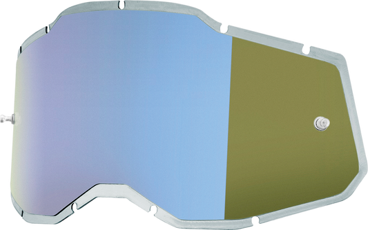 Injected blue mirror lenses for Accuri 2, Racecraft 2, and Strata 2 helmets by Bill's Exhausts, featuring high-visibility blue mirror coating.
