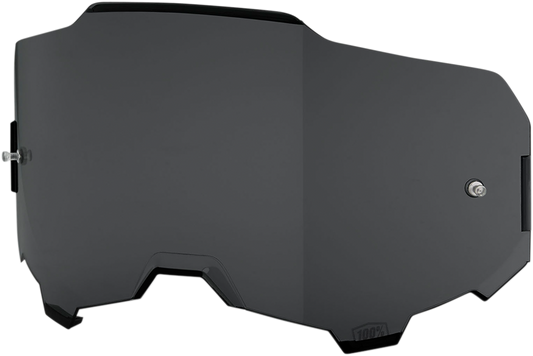 Bill's Exhausts 100% Armega Lens in dark smoke, designed for motorcycle helmets, with tinted, protective lens surface.