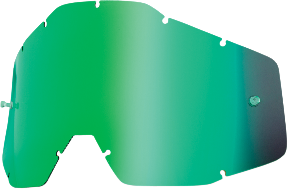 Bill's Exhausts 100% Youth Accuri/Strata green smoke mirror lens for motorcycle helmets, showing reflective green-tinted surface.